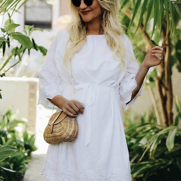 Isabel Maternity (Size XL) White Floral Embroidery, Lined, Bell Sleeve Dress - Picture 4 of 11